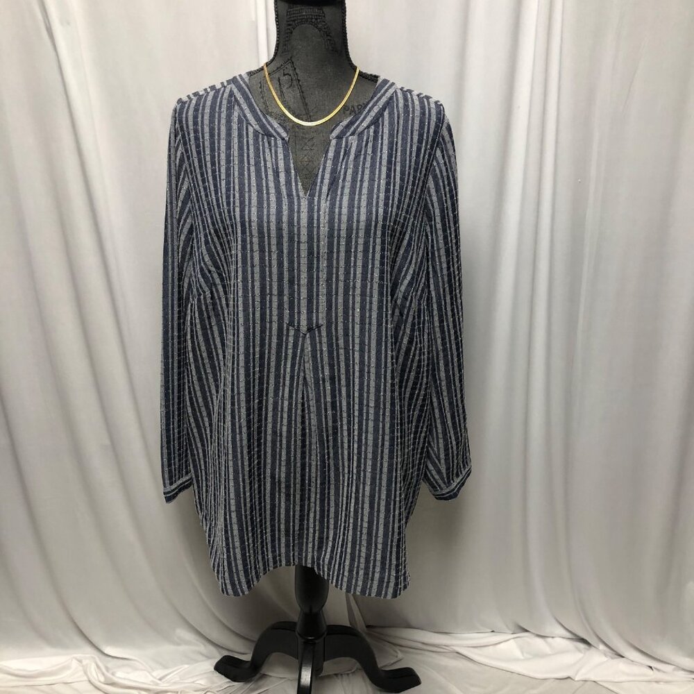 CJ Banks Top Womens Size 1X Blue Striped Long Sleeve Tunic Pockets